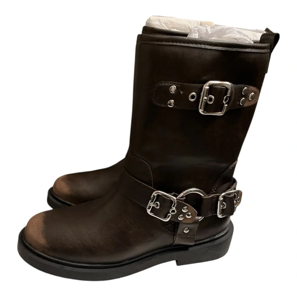 ZARA Girls Brown Buckle Moto‎ Boots | Size 2.5 New With Tags